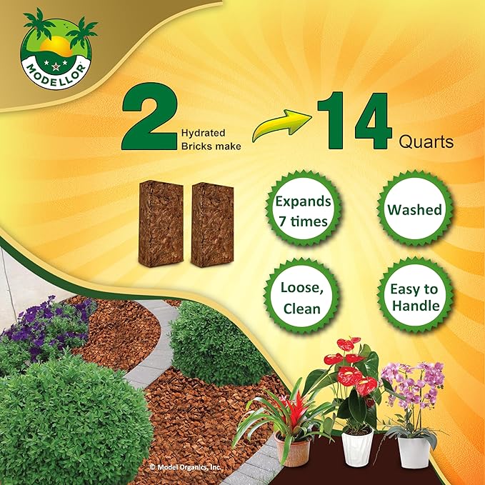 MODELLOR Premium Super Washed, Clean, Coco Chips, 2 Bricks (2.2 lb.) yields 14 Qts. of Loose Chips. Plant Substrate, Organic, Reptile Bedding, Odor Absorbing, Grow Orchids, Mulch Indoor, Outdoor.