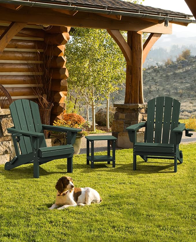SERWALL Folding Adirondack Chair Set of 4, Reclining Adirondack Chair with 3 Recline Positions, All Weather HDPE Outdoor Adirondack, Green