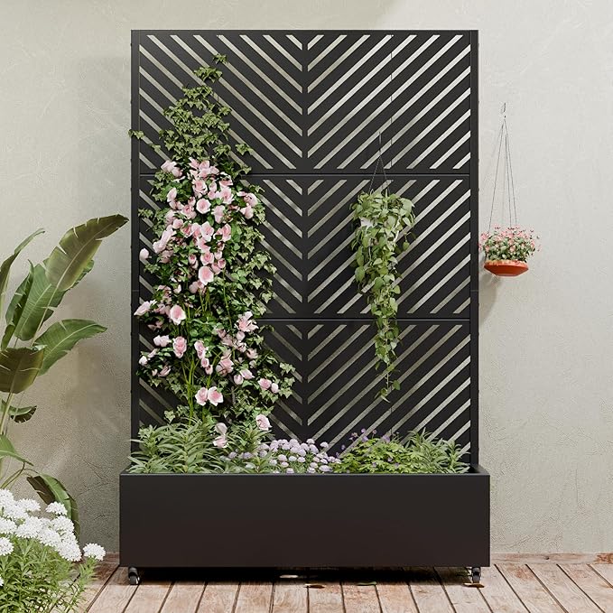 Casaphoria Metal Raised Garden Bed with Trellis and Wheels, 72"x47"x16" Planter Box for Climbing Plants, Vegetables & Vines, Features Drainage Holes and Privacy Screen (Black-Parallel)