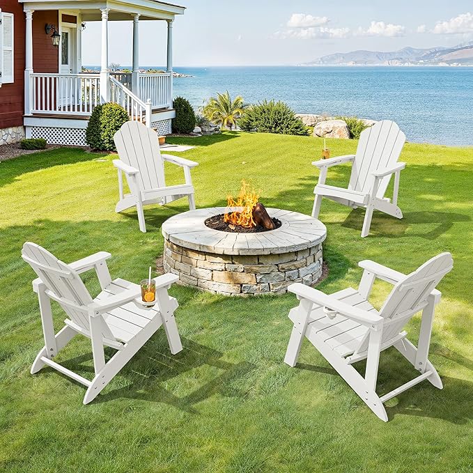 LUE BONA HDPE Adirondack Chairs Set of 4 - Salt-Spray Resistant Seating with Cup Holder for Poolside, Fire Pit, Deck & Coastal Resort, White