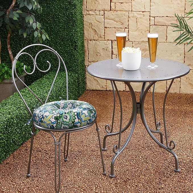 Magpie Fabrics Outdoor Round Bistro Seat Cushions with Ties, 15"x15"x4" Set of 2, Tufted Waterproof Barstool Chair Pads for Patio Home Garden Office, Floral Blue Green