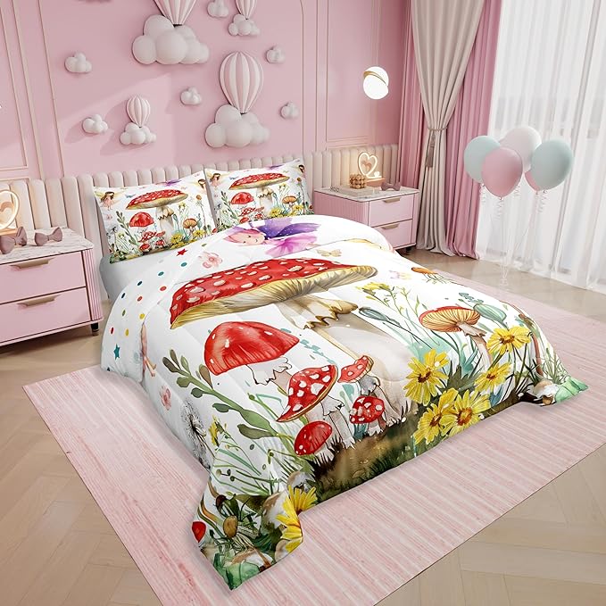 Erosebridal Fairy Garden King Bedding Set,Kawaii Mushroom Comforter Set for Kids Teen Girls,Cute Floral Butterfly Comforter,Dreamy Fairy Flower Bedroom Room Decor,2 Pillowcases All Season