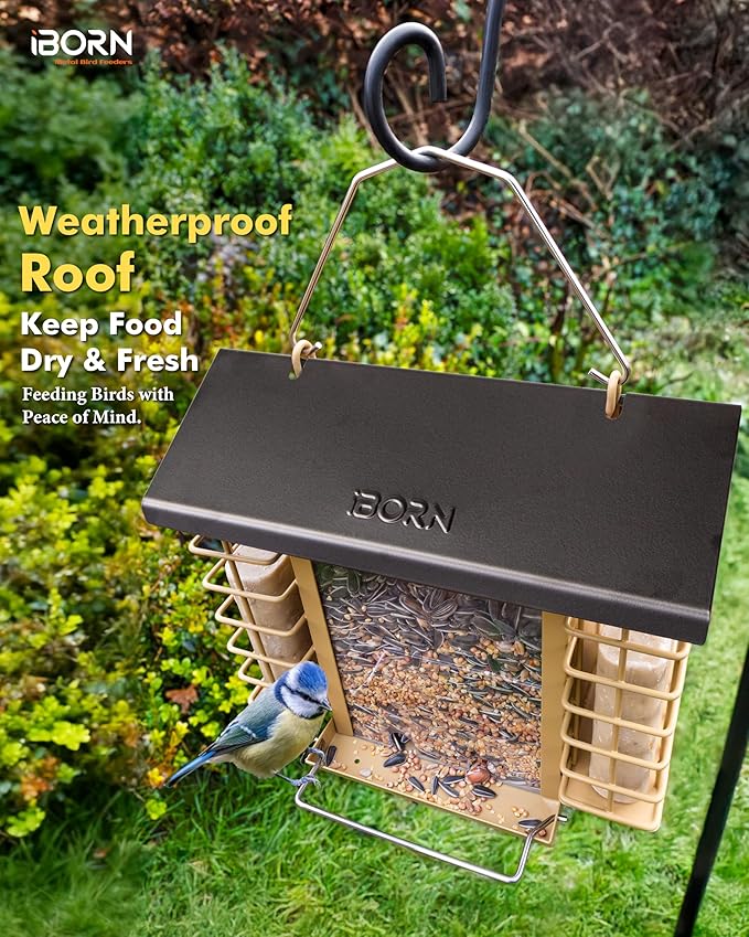 iBorn Bird Feeders for Outdoors,Bird Feeder with Double Suet Holders,Suet Feeder for Outside,Weatherproof Metal Roof,Easy to Refill&Clean,3.2 LBs Seed Capacity+2X Cakes,1 Pack,Black Roof & Yellow Grid