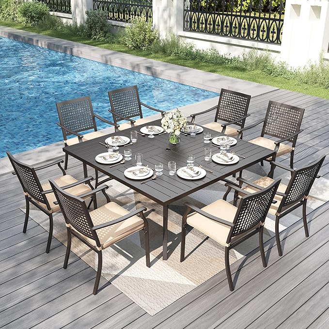 PHI VILLA 9 Pieces Outdoor Dining Set for 8, 60” Square Metal Wrought Iron Table & Stackable Steel Chairs with Cushions, Large Furniture Set for Outdoor Deck, Yard, Porch - Black