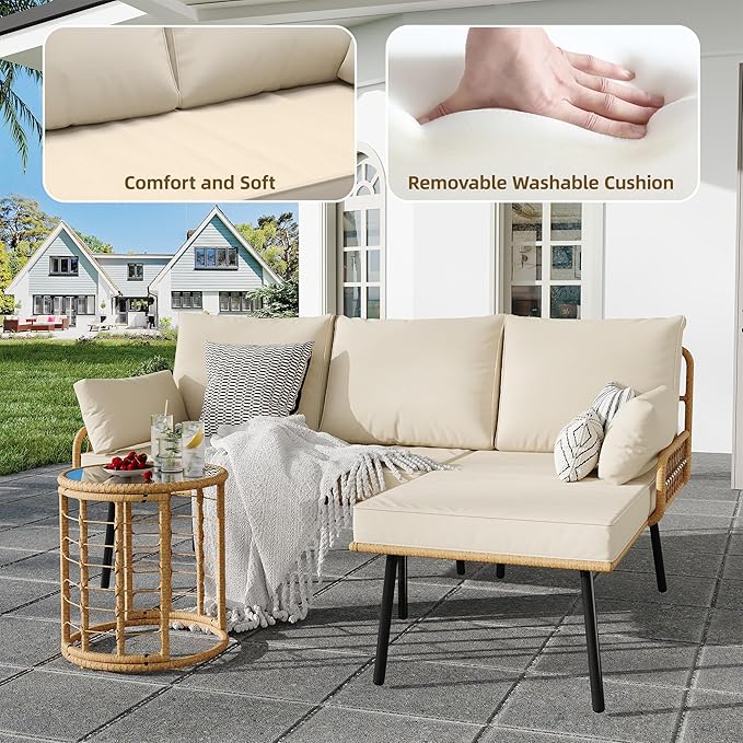 IDEALHOUSE 3-Piece Patio Furniture Set, All Weather Rattan Sofa with Tempered Glass Coffee Table and Thick Cushions, Sectional L-Shaped Patio Furniture for Deck, Poolside, Backyard, or Porch, Beige