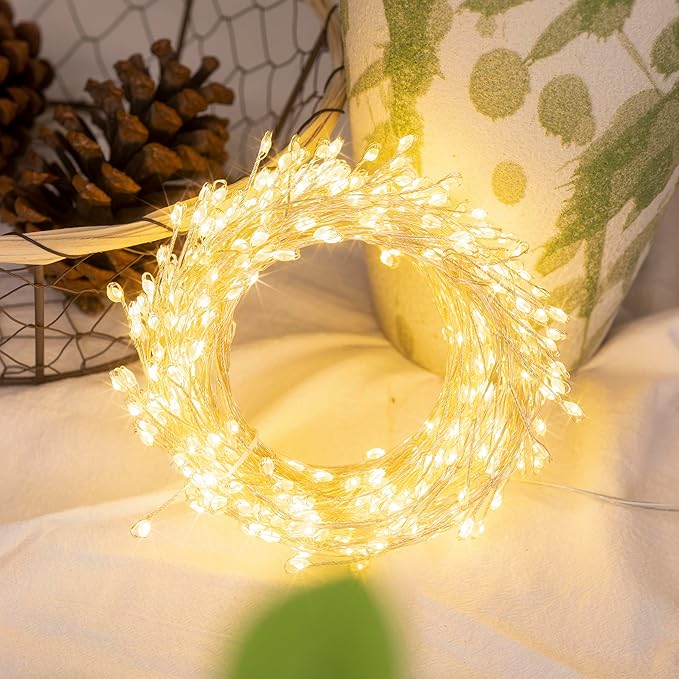 Fairy Lights Plug in, 50FT 500LED Firecracker String Lights Waterproof Silver Wire, for Bedroom/DIY/Party/Garden/Porch/Patio/Backyard/Christmas Tree, with Remote Timer & 8 Modes, Warm White