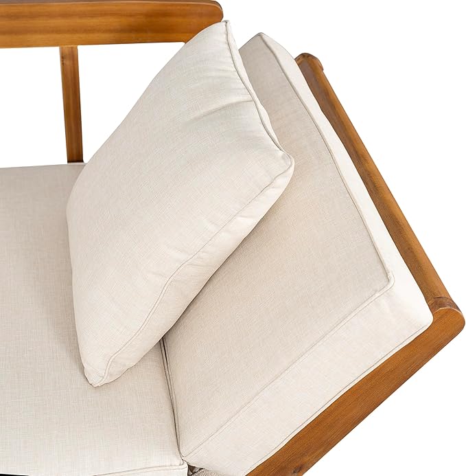 Christopher Knight Home Gary Patio Convertible Couch, Wooden Outdoor Daybed, 3-Seater Acacia Wood Patio Furniture Lounge Sofa for Backyard/Poolside/Garden, Back Pillow+Removable Cushion, Teak+ Beige