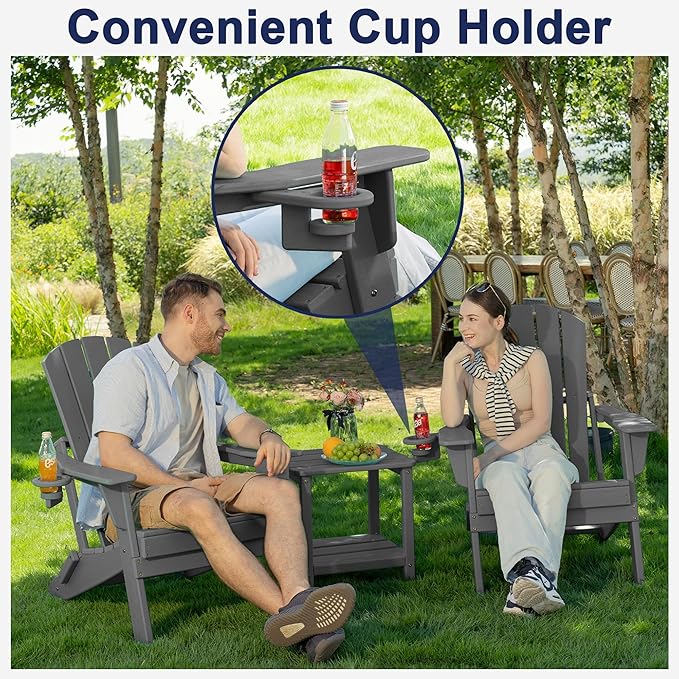 Plawdlik Folding Adirondack Chair Set of 6 with Cup Holder，Wooden Textured ，Heavy All-Weather HDPE Comfortable Set Poolside Backyard Lawn, Gray