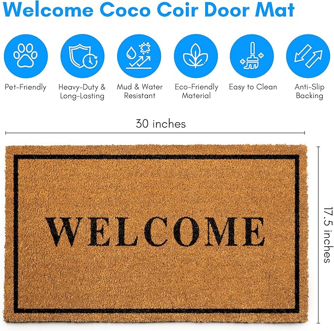 PLUS Haven Coco Coir Door Mat with Heavy Duty Backing, Welcome Doormat, 17.5”x30” Size, Easy to Clean Entry Mat, Beautiful Color and Sizing for Outdoor and Indoor uses, Home Décor