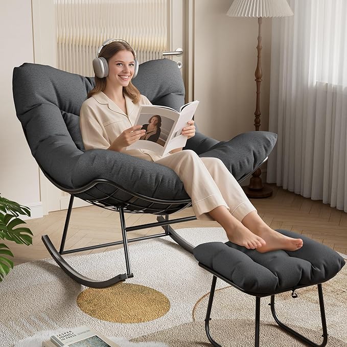 GarveeLife Oversized Papasan Rocking Chair with Footrest, Outdoor Lounge Chair with Ottoman and Sturdy Metal Frame, Patio Rattan Egg Rocker for Balcony Backyard Porch Bedroom, Grey