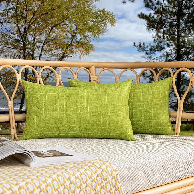 Kevin Textile Outdoor Waterproof Lumbar Pillow Covers 14x24 Inch Pack of 2 Checkered Decorative Rectangle Cushion Throw Pillowcases Shell for Patio Tent Garden Couch Bed Sofa Green