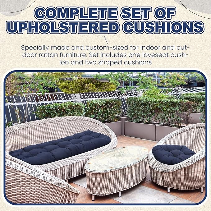 Barydat 3 Pack Wicker Furniture Cushions Waterproof Outdoor/Indoor Tufted Wicker Chair Cushions 1 Loveseat and 2 U-Shape Rattan Chairs for Patio Furniture, Rattan Love Seat, Bench(Navy Blue)