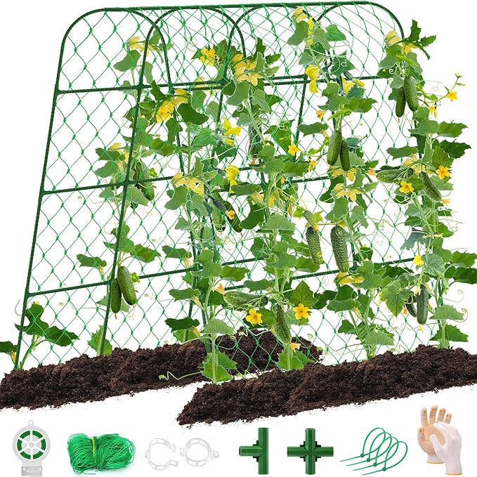 Cucumber Trellis for Raised Bed, U-Shape Garden Trellis for Climbing Plants Outdoor, Adjustable Metal Arch Vegetables Trellis with Climbing Net for Tomato, Bean, Grape, Zucchini