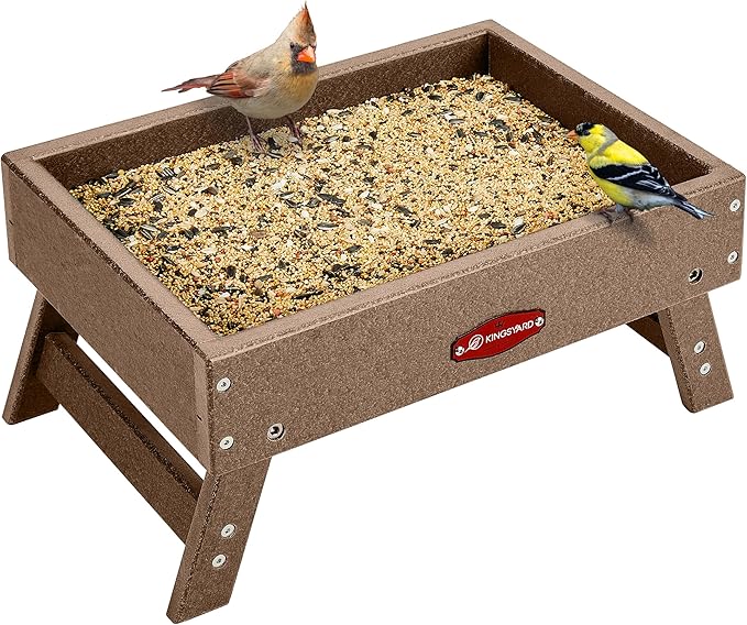 Kingsyard Ground Bird Feeder for Outdoors - Recycled Plastic Platform Feeder for Wild Birds, Squirrels, Chicken, 5 LBS Large Capacity, Brown
