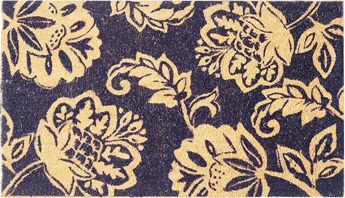 Coir Door Mat, Entryway Floor Mats with Non-Slip PVC Backing, Indoor Outdoor Mat for Front Door Decor, Door Mat, Welcome Mats with Floral Print, Navy Blue, 30"x17"