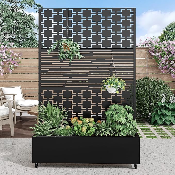 Casaphoria Metal Raised Garden Bed with Trellis and Wheels, 72"x47"x16" Planter Box for Climbing Plants, Vegetables & Vines, Features Drainage Holes and Privacy Screen, Black(Square&Shine)