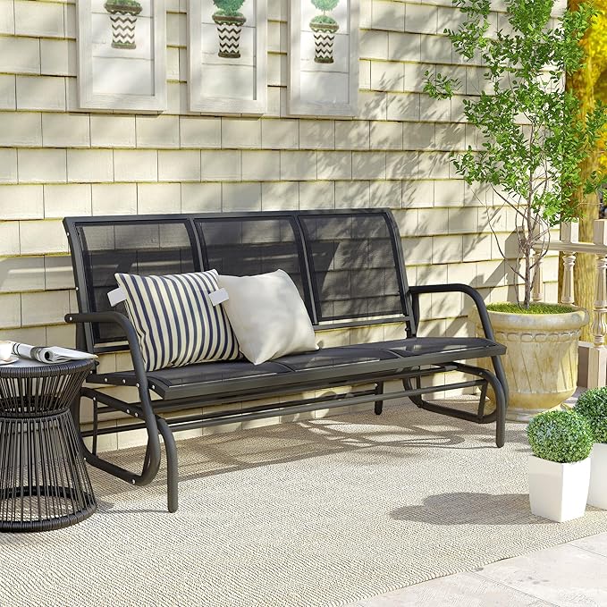 Outsunny 3-Person Patio Glider Bench, Outdoor Porch Glider Swing with 3 Seats, Breathable Mesh Fabric, Metal Frame, Black