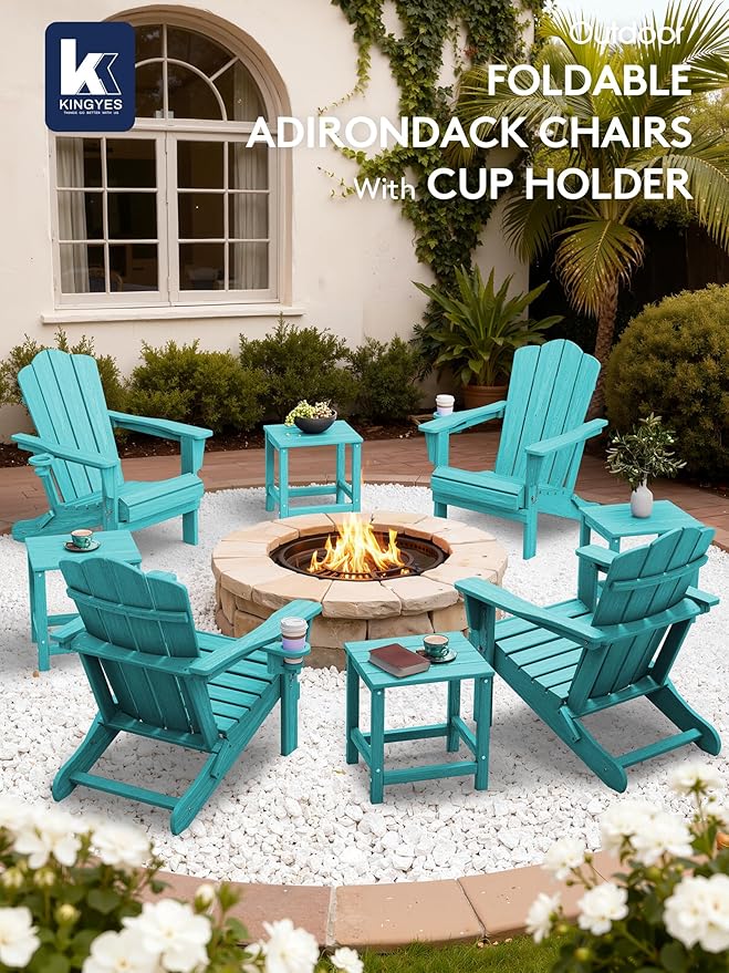 KINGYES Folding Adirondack Chair Set of 4, HDPE All-Weather Patio Chairs with Cup Holder, Wooden Textured Fire Pit Chairs for Poolside, Backyard, Deck, Aruba