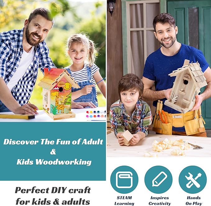 DIY Birdhouse Building Kit for Adults, Wooden Bird Houses to Paint for Kids, Outdoor Woodworking Kits Adult Crafts for Outside(Wood, 6.5in)