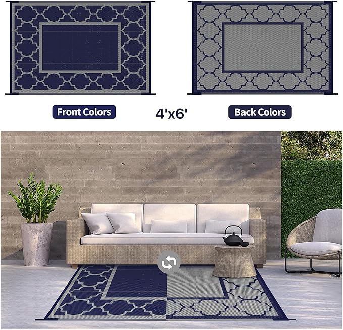 GENIMO 4 ' x 6 ' Outdoor Rug for Patio Clearance, Waterproof Indoor Outdoor Plastic Straw Rugs Carpet, Reversible Outside Area Rv Mat for Camping, Balcony Porch, Deck, Picnic, Beach (Blue & Gray)