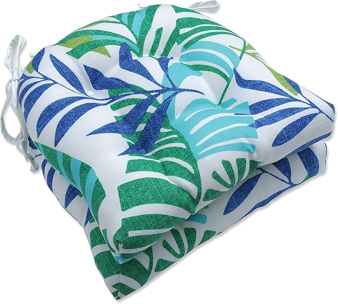 Pillow Perfect Tropic Botanical Indoor/Outdoor Tufted Wicker Seat Cushion with Ties, 2 Count, 15.5" x 16", Blue Islamorada