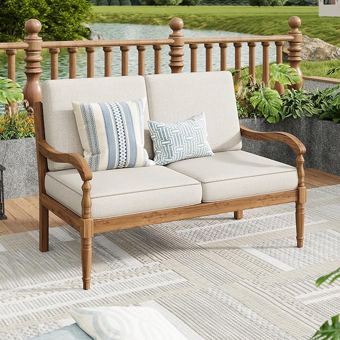 Christopher Knight Home Alice Acacia Wood Outdoor Loveseat, Wooden Patio Loveseat Sofa, Patio Furniture 2-Seater Sofa with Thick Cushions, Comfy Lounge Sofa Outdoor for 2 People, Beige + Natural