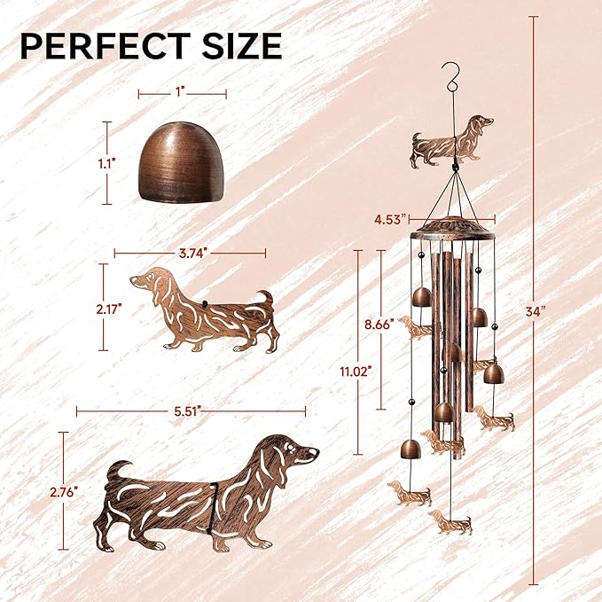 Dachshund Wind Chimes for Outside, Decorative Wind Chimes Dachshund Gifts for Women/Men, Memorial/Birthday Gifts, Garden Decor for Outside, Patio or Yard, Durable Chimes for Outdoors