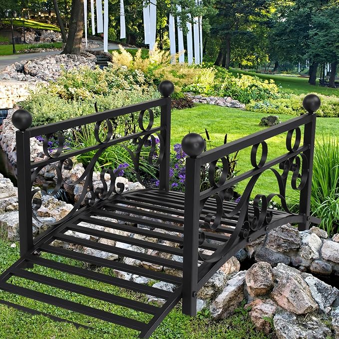 3.3FT Steel Garden Bridge with Anti-Slip Deck, 450LB Capacity Metal Footbridge for Yard, Pond or Garden - Rust-Resistant Powder Coated & Easy Assembly
