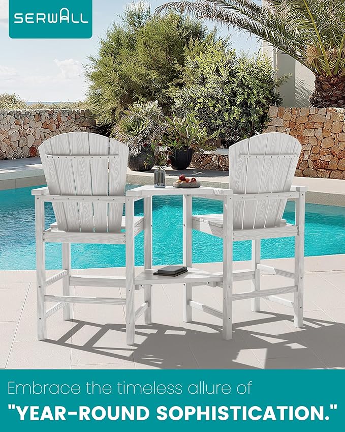 SERWALL Tall Adirondack Chairs Set of 2 with Double Layer Connecting Tray, HDPE Bar Height Outdoor Chairs, Wood-Like Adirondack Bar Stools for Patio, Balcony, Porch, White
