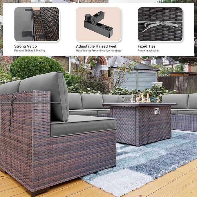 Kullavik 13PCS Outdoor Patio Furniture Set,PE Wicker Rattan Sectional Sofa Patio Conversation Sets with 43" 55000BTU Gas Propane Fire Pit Table,Swivel Rocking Chairs Set,Grey