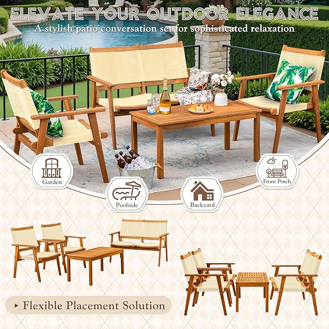 Devoko 4 Pieces Acacia Wood Patio Conversation Sets, Patio Furniture Set with Hand Woven Rope Seats and Back, Outdoor Chair and Table Set for 4 for Balcony, Backyard, Deck, Poolside