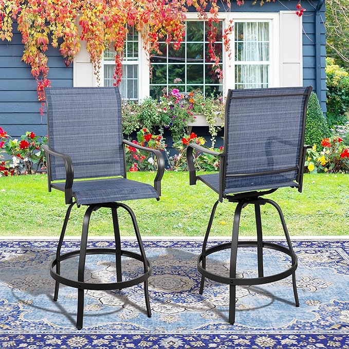 Vongrasig 4 Piece Patio Swivel Bar Chairs, All Weather Metal Textile High Swivel Bar Stools Chairs, Outdoor High Top Bistro Set for Backyard, Lawn Garden, Balcony, Denim Blue