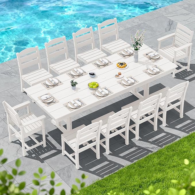 SERWALL 11 Piece Outdoor Dining Set, 84" HDPE Outdoor Table and Chairs for 10，All Weather Patio Furniture Set with Umbrella Hole for Backyard, Garden, White