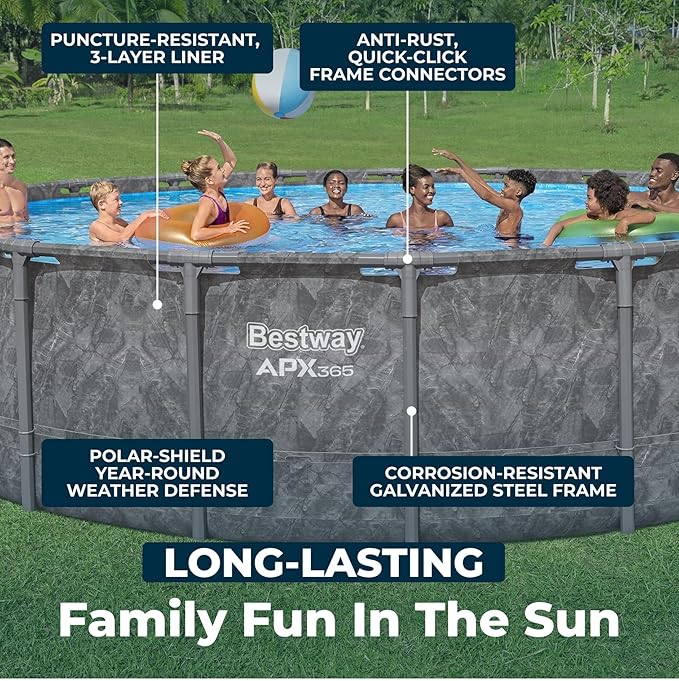 Bestway APX 365 22' x 52" Above Ground Pool, Round Metal Frame Outdoor Swimming Pool Set with Sand Filter Pump, Ladder, and Cover, Dark Marble
