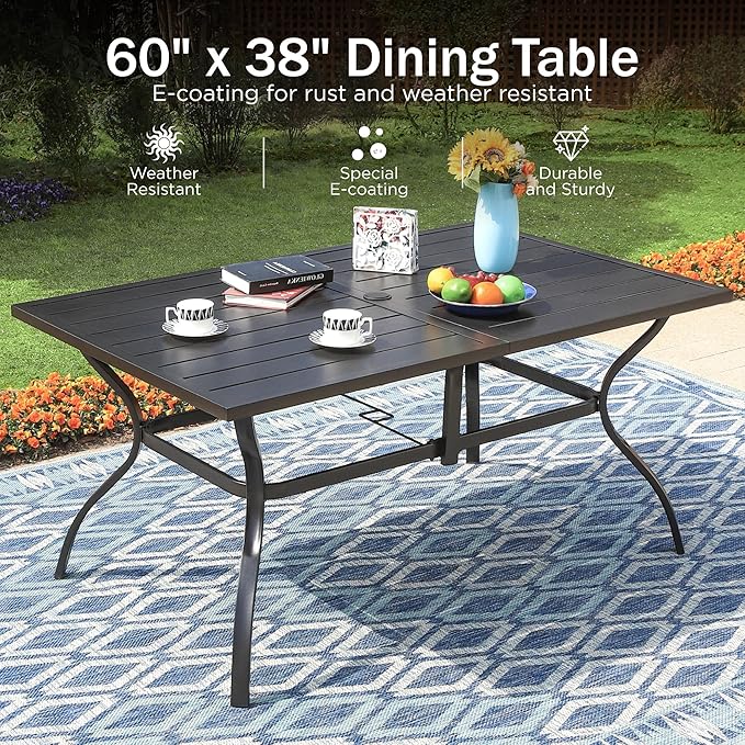 PHI VILLA Patio Dining Set 8 PCS with 13ft Double-Sided Patio Umbrella(Beige)，Metal Outdoor Dining Set - 6 x Outdoor Stackable Chairs, 1 x 60"x38"Rectangle Dining Table and 1 Umbrella