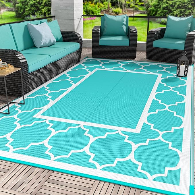 GENIMO 8 ' x 10 ' Outdoor Rug for Patio Clearance, Waterproof Indoor Outdoor Plastic Straw Rugs Carpet, Reversible Outside Area Mat for Camping, Balcony Porch, Deck, Picnic, Beach Aqua Blue & White