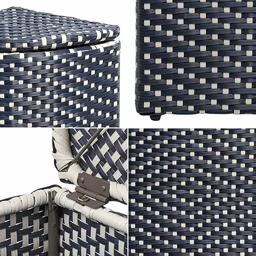 happimess HPM1200B Chloe 15.56-Gallon All-Weather Wicker/Metal Corner Hideaway Outdoor Trash Can, Navy/White, Classic, Coastal, Casual Wastebin for Backyard, Patio, Porch, Kitchen