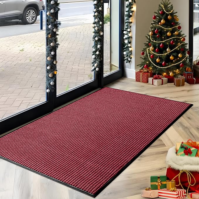 LuxUrux Christmas Door Mat - 3x5 ft, Heavy Duty, Indoor/Outdoor, Waterproof, Easy to Clean, Low-Profile Entry Mat with Festive Striped Red Design