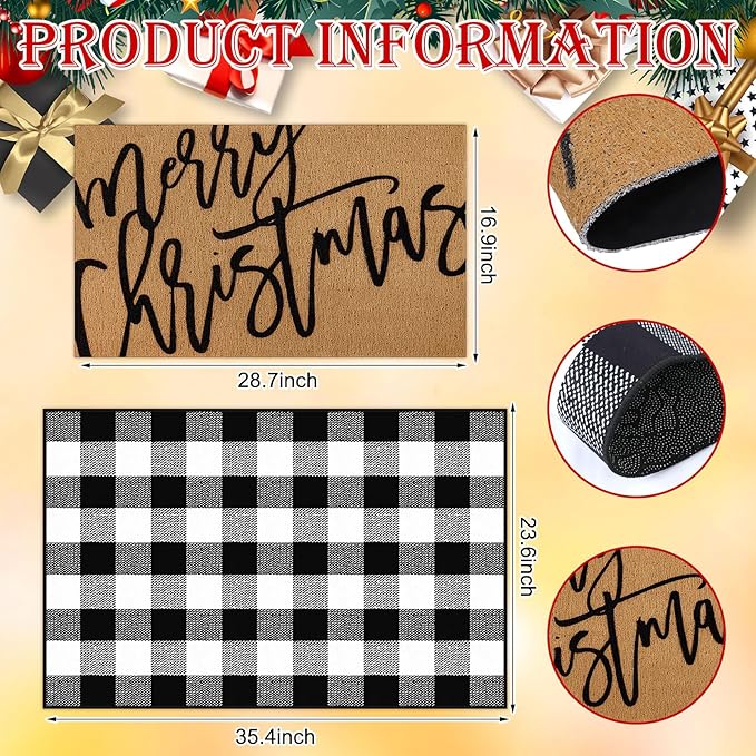 Tinideya 2 Pcs Merry Christmas Door Mat Xmas Welcome Non Slip Coir Mats Black White Buffalo Plaid Floor Layering Doormats Seasonal for Front Porch Entryway Decor(Merry Christmas)