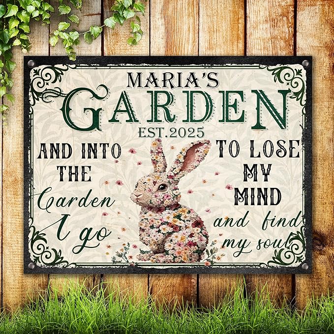 Custom Garden Signs Personalized Metal Tin Sign for Women, Retro Funny Rabbit Metal Sign for Outdoor, Patio, Yard Rustic Home Decor Gift for Mothers Day, Grandmas, and Gardening Lovers