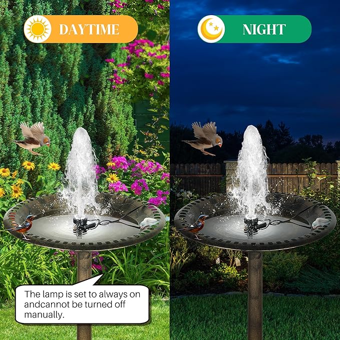 Bird Bath Fountains with 12 LED Lights, 24 Hour Working Fountain Pump with Light, Adjustable Watering Submersible Pump for Outdoor Water Garden, Pond(Cool White)