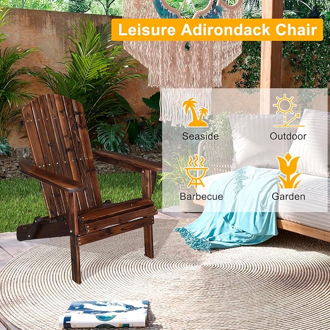 Outvita Folding Adirondack Chair Set of 2, 350LBS Solid Wood Garden Chair Weather Resistant, Outdoor Wooden Accent Furniture Fire Pit Lounge Chairs for Garden, Yard, Patio, Lawn, Carbonized