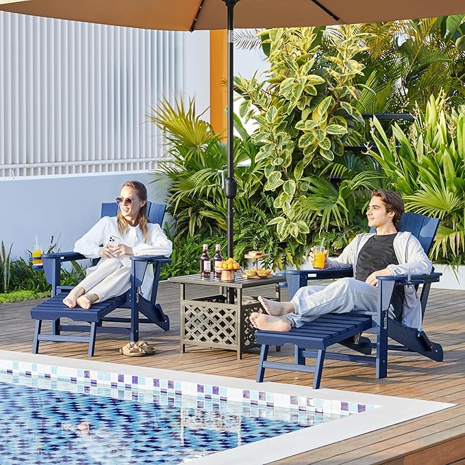 Yaheetech Adirondack Chair with Retractable Ottoman, All Weather Patio Folding Fire Pit Chair with Cup Holder and Phone Holder for Outdoor Poolside, Navy Blue, 4 pcs