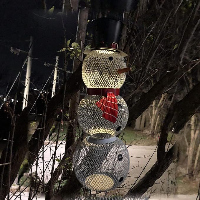 Backyard Expressions Metal Snowman Bird Feeder with Solar Light – Hanging Mesh Bird Feeder for Outside, Winter Garden Décor, Rust-Resistant Christmas Bird Feeder for Cardinals, Finches & Songbirds