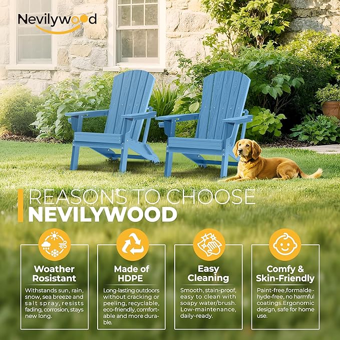 nevilywood Folding Adirondack Chair with Cup Holder,All-Weather Adirondack Chair,Patio Chair,HDPE-Wooden Textured Lawn Chair- Light Blue