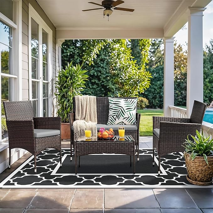 GENIMO 8 ' x 10 ' Outdoor Rug for Patio Clearance, Waterproof Indoor Outdoor Plastic Straw Rugs Carpet, Reversible Outside Area Rv Mat for Camping, Balcony Porch, Deck, Picnic, Beach (Black & White)