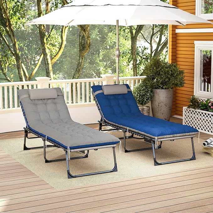 Outsunny Chaise Lounge Chair Outdoor Set of 2, 5-Position Adjustable Outdoor Pool Lounge Chairs, Folding Tanning Chair Beach Lounger with Cushion, Headrest, Side Pocket for Patio, Yard, Brown/Blue