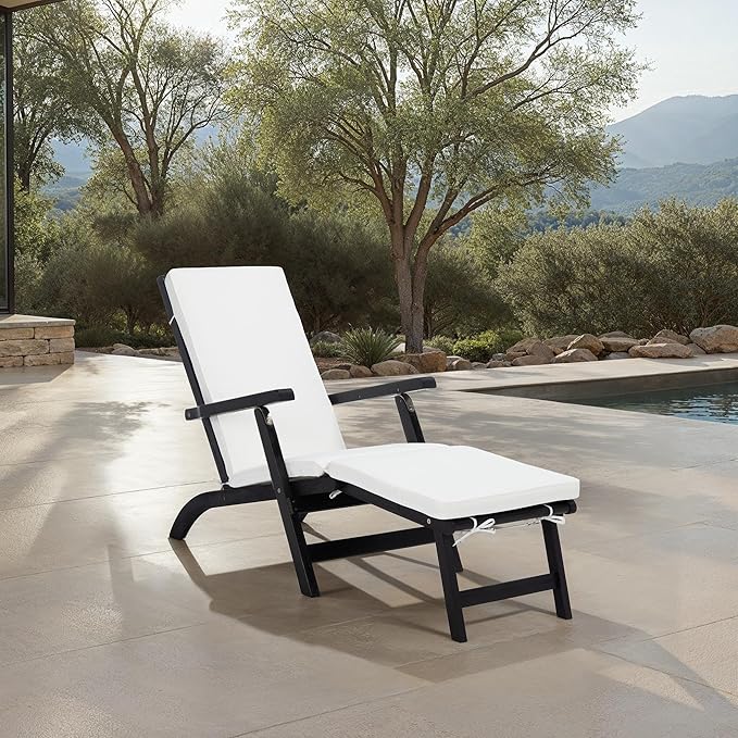 SAFAVIEH Outdoor Collection Palmdale Black Solid Wood/Beige Cushion Chaise Lounge Chair (PAT7015G)