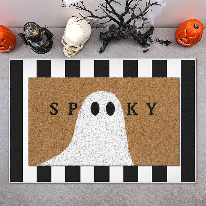 Tinideya 2 Pcs Halloween Doormat Spooky Ghost Outdoor Welcome Mats for Front Door Non Slip Ghost Coir Floor Mat Black White Stripe Halloween Rug for Outside Front Porch Entryway Decor