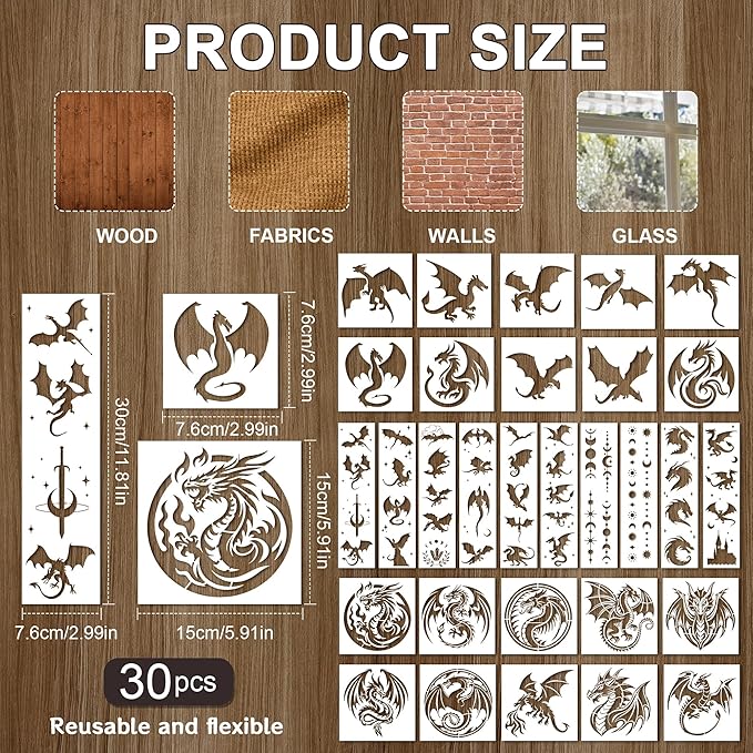 Keluna Dragon Stencils for Painting - 30 Pcs Reusable Pterosaur Moon Star Crafts Templates Dragon Themed Stencils for Painting onWood Wall DIY Art Craft Canvas Fabric Home Décor